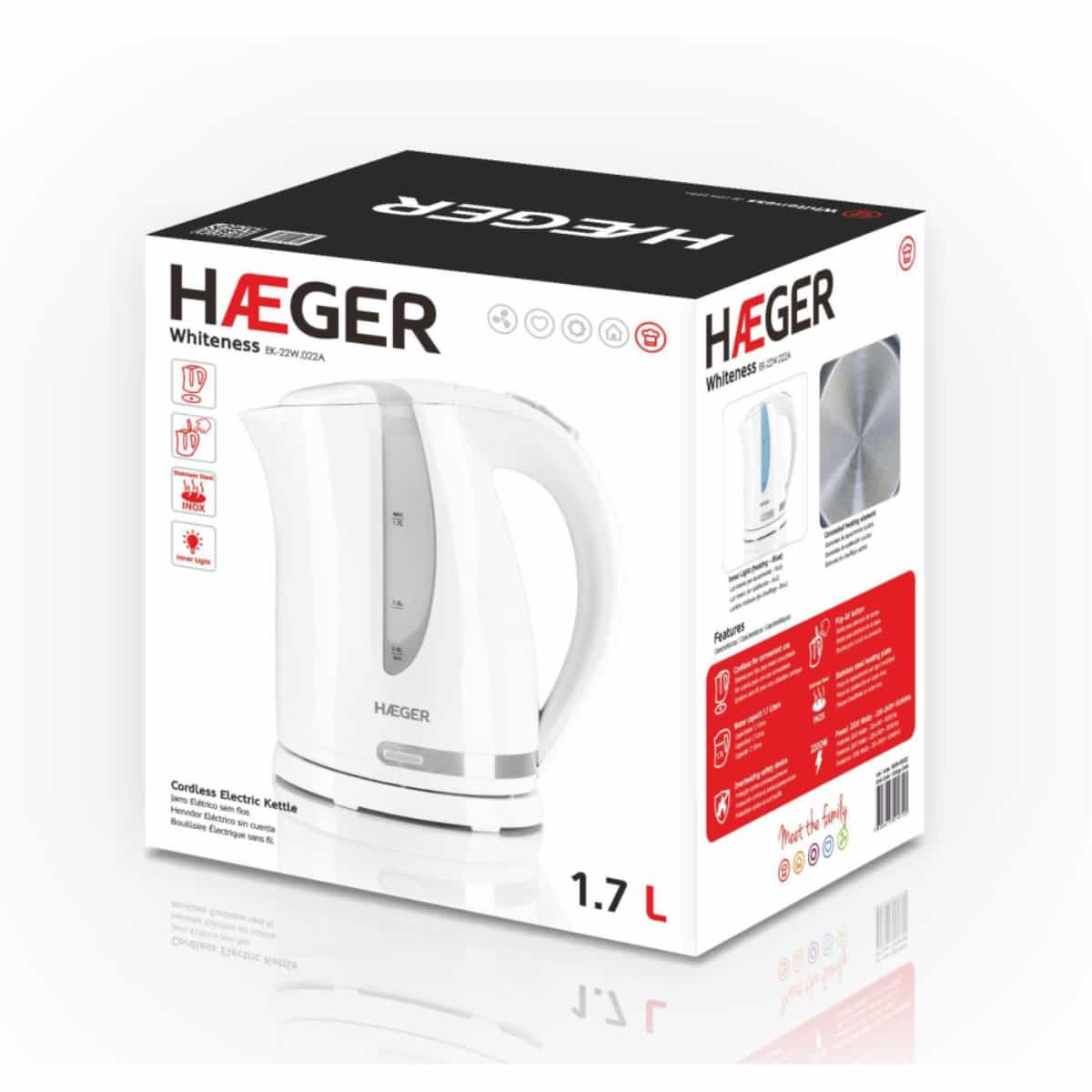 Fierbator electric HAEGER WHITENESS, Capacitate 1,7 L, Putere 2200 W, Baza rotativa 360 grade, Oprire automata, Protectie supraincalzire, Alb [1]