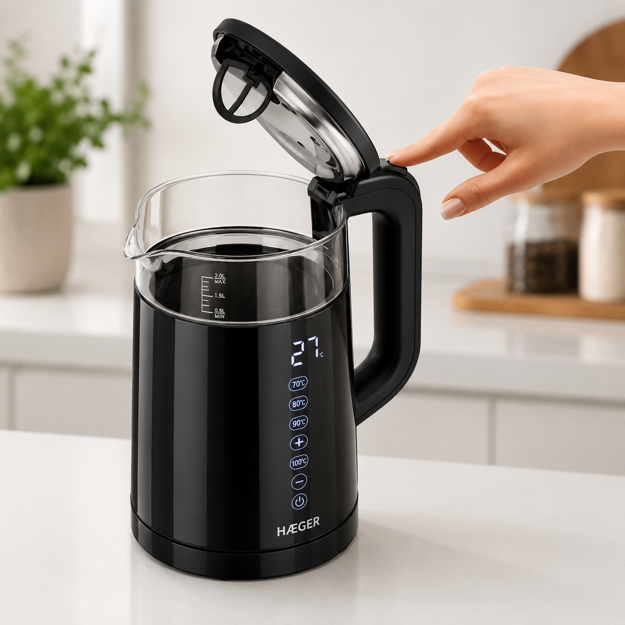 Fierbator HAEGER DIGIGLASS, Capacitate 1.7L, Putere 2200W, Control digital temperatura cu 5 functii, Pereti dubli din sticla, Negru [1]