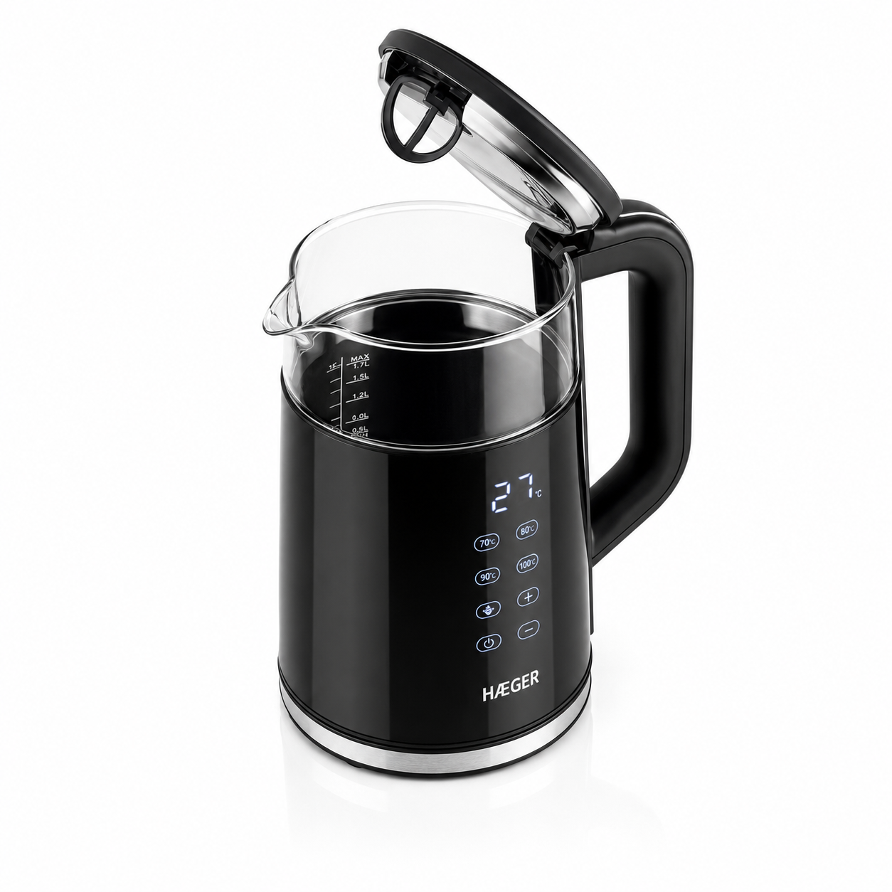 Fierbator HAEGER DIGIGLASS, Capacitate 1.7L, Putere 2200W, Control digital temperatura cu 5 functii, Pereti dubli din sticla, Negru [4]