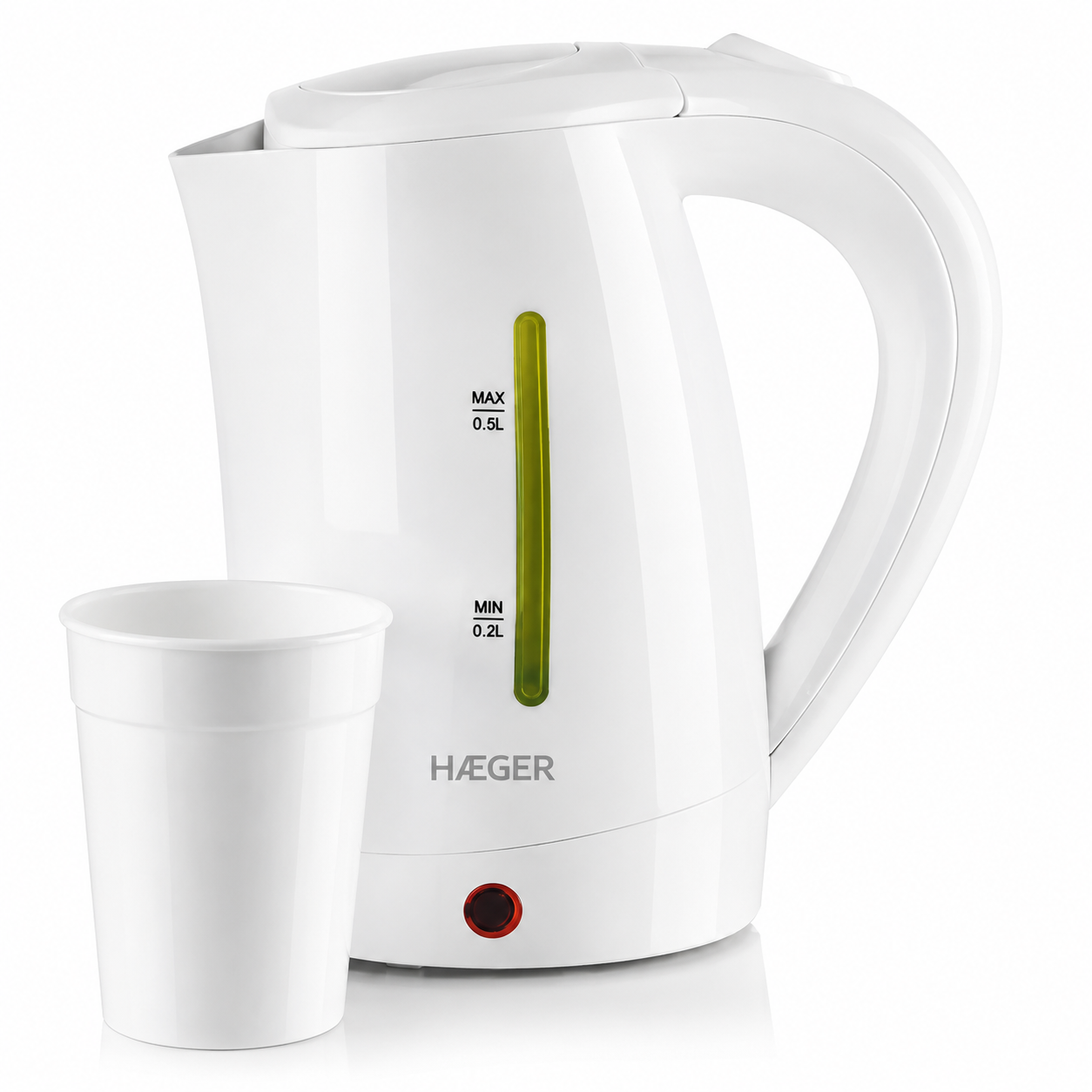 Fierbator portabil HAEGER TRAVEL, Capacitate 0.5L (voltaj dublu 110/240V), Putere 1100W, Oprire automata si protectie fierbere fara apa, Include 2 cani plastic, Alb [1]