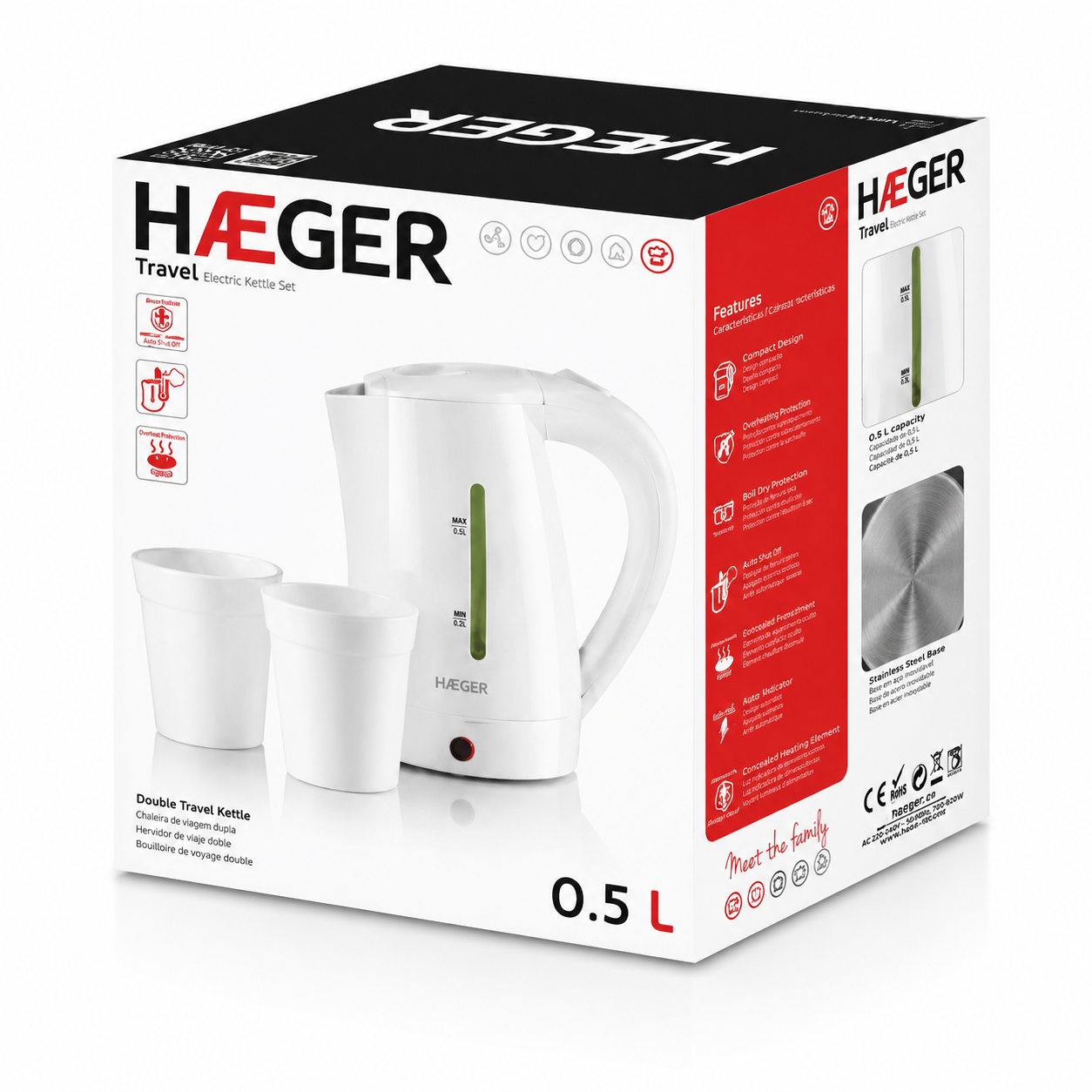 Fierbator portabil HAEGER TRAVEL, Capacitate 0.5L (voltaj dublu 110/240V), Putere 1100W, Oprire automata si protectie fierbere fara apa, Include 2 cani plastic, Alb [3]