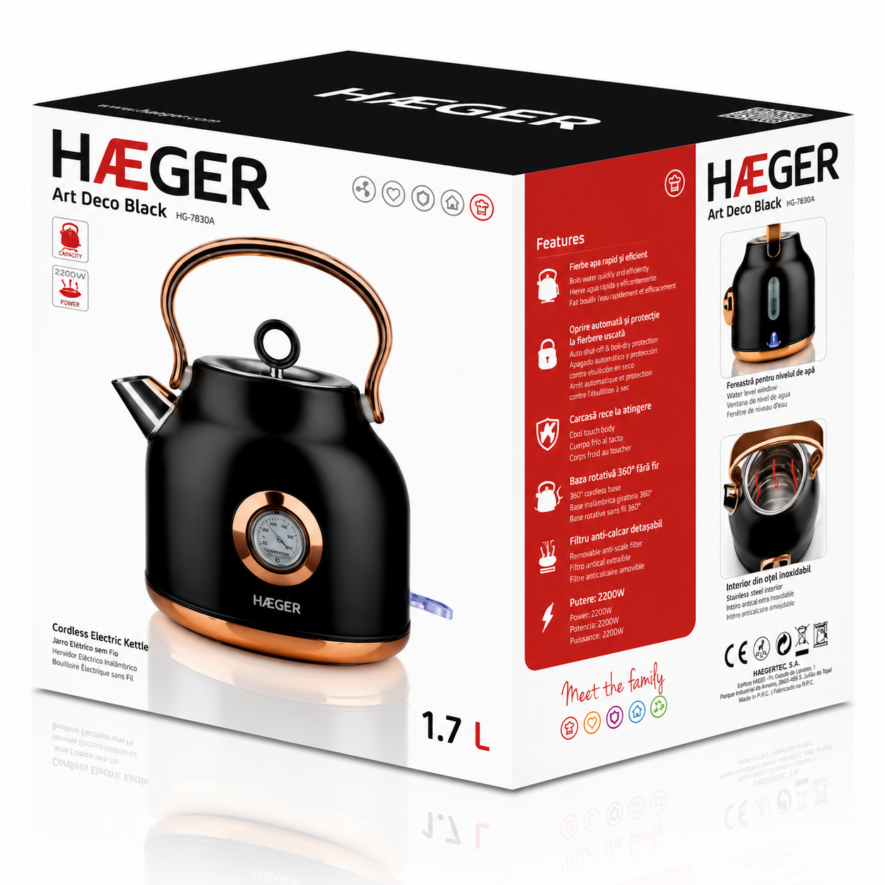 Fierbator retro HAEGER ART DECO BLACK, Capacitate 1.7L, Putere 2200W, Afisaj temperatura si baza rotativa 360 grade, Protectie la supraincalzire, Negru/Auriu [3]