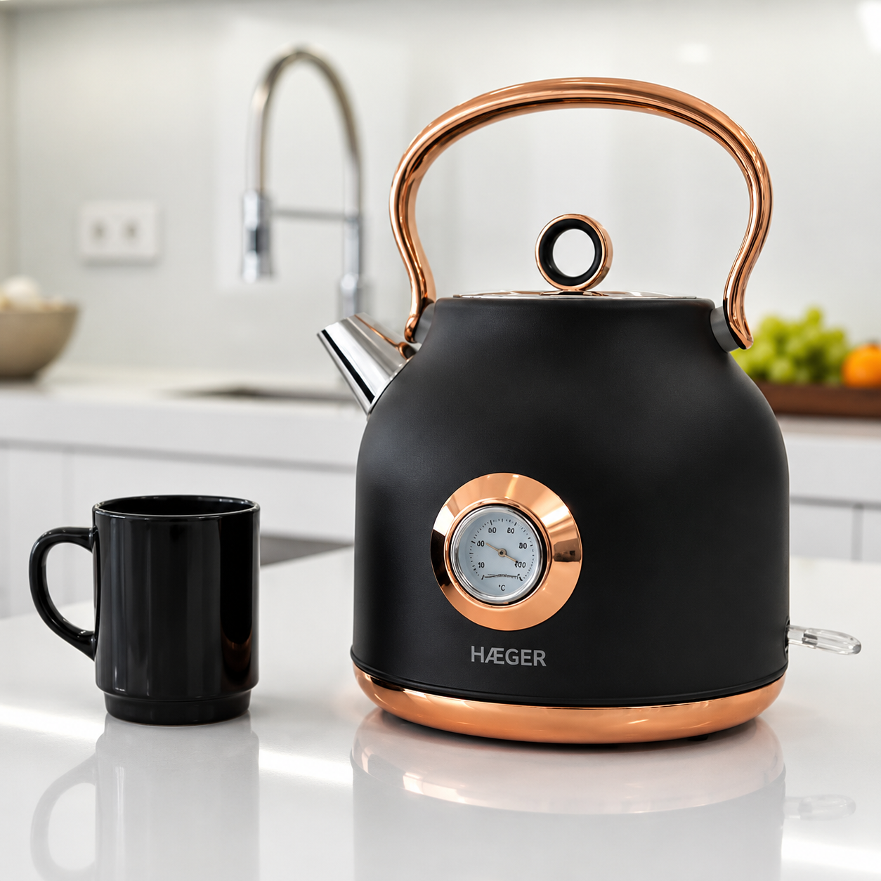Fierbator retro HAEGER ART DECO BLACK, Capacitate 1.7L, Putere 2200W, Afisaj temperatura si baza rotativa 360 grade, Protectie la supraincalzire, Negru/Auriu [1]