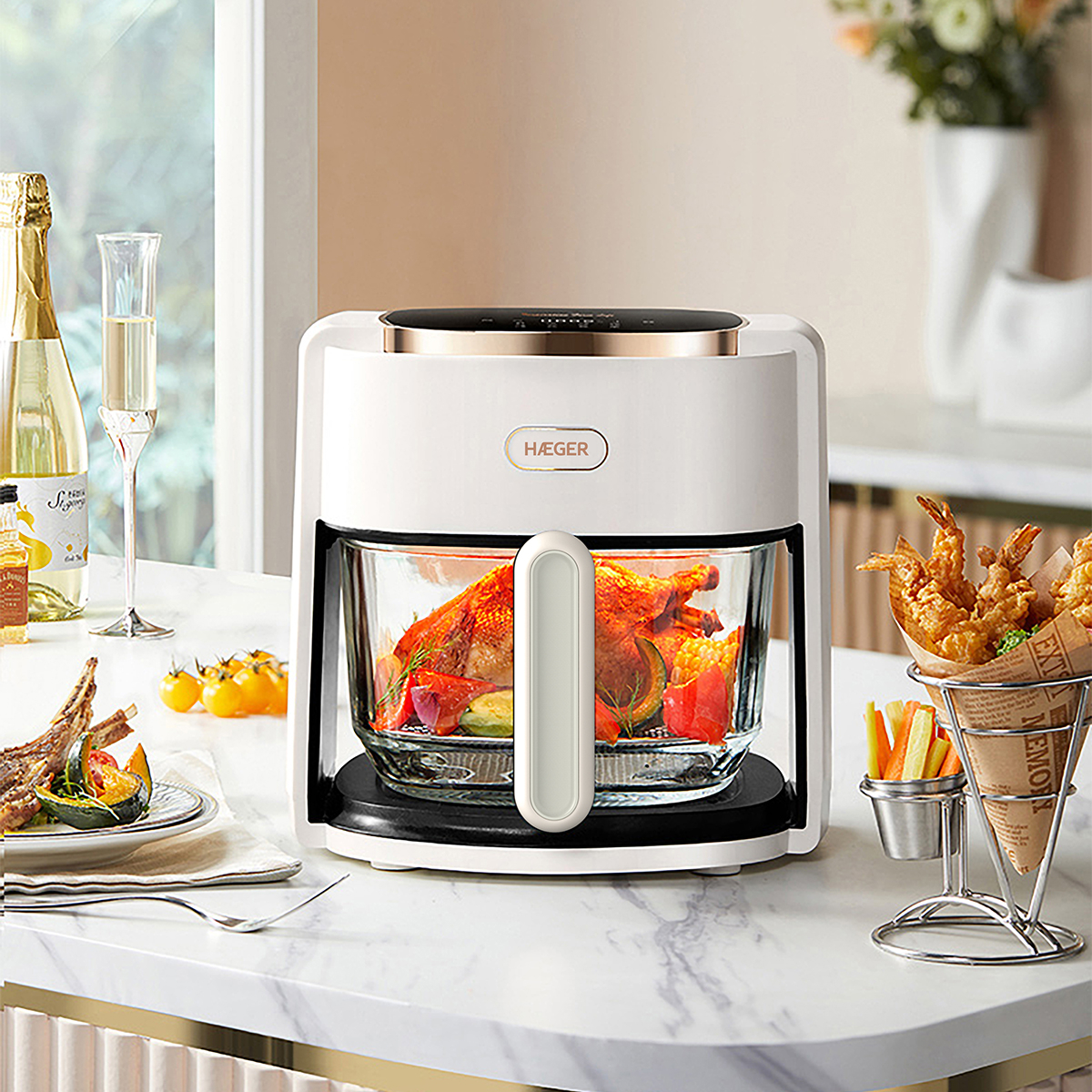 Friteuza cu aer cald HAEGER AIR GLASS, 1200W, Cuva din sticla 4.5L, 8 programe, Timer, Gatire sanatoasa cu aer cald 360 grade, Cuva usor de curatat, Crem [4]