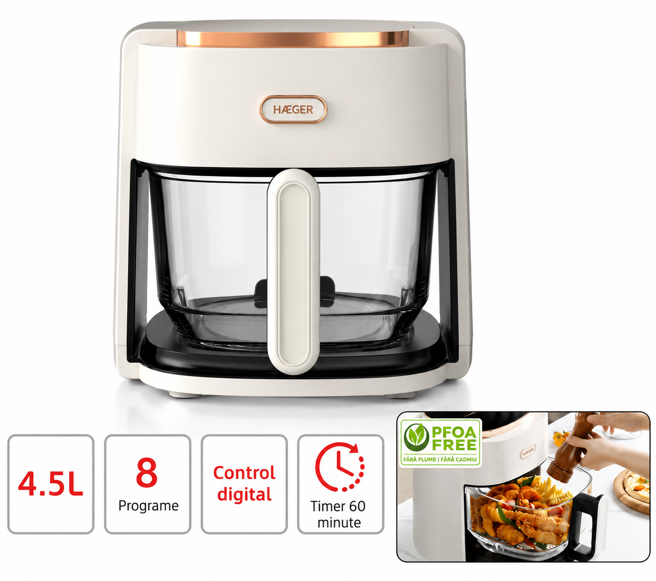 Friteuza cu aer cald HAEGER AIR GLASS, 1200W, Cuva din sticla 4.5L, 8 programe, Timer, Gatire sanatoasa cu aer cald 360 grade, Cuva usor de curatat, Crem [2]