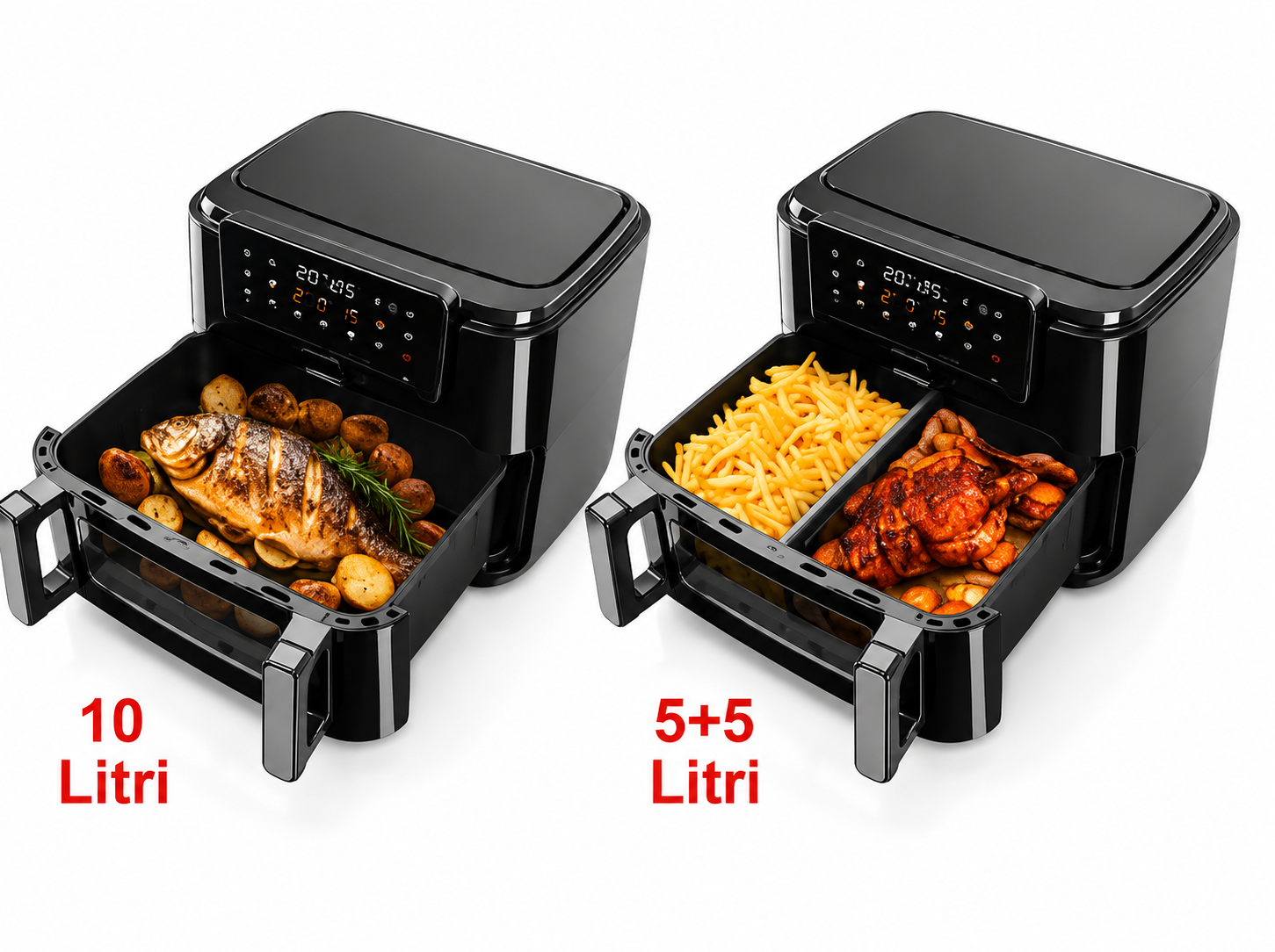 Friteuza dubla cu aer cald HAEGER SUPER COOK, 2600W, Capacitate 10L, despartitor cuve detasabil 2x5L, 10 programe, ecran tactil, Cuve detasabile lavabile, gatire fara ulei cu aer cald 360, Negru [1]