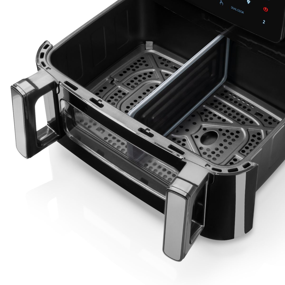 Friteuza dubla cu aer cald HAEGER SUPER COOK, 2600W, Capacitate 10L, despartitor cuve detasabil 2x5L, 10 programe, ecran tactil, Cuve detasabile lavabile, gatire fara ulei cu aer cald 360, Negru [8]