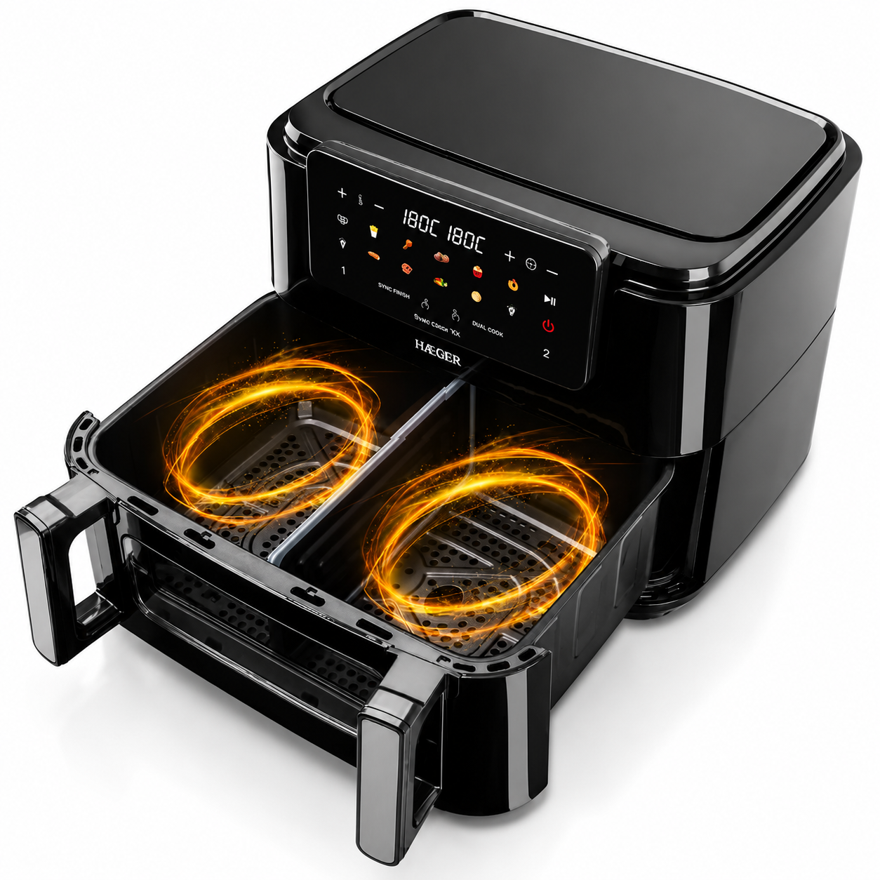 Friteuza dubla cu aer cald HAEGER SUPER COOK, 2600W, Capacitate 10L, despartitor cuve detasabil 2x5L, 10 programe, ecran tactil, Cuve detasabile lavabile, gatire fara ulei cu aer cald 360, Negru [3]