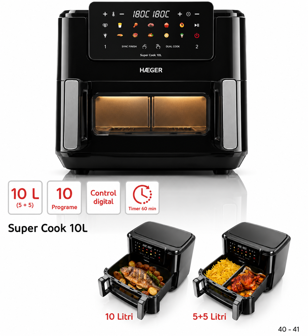 Friteuza dubla cu aer cald HAEGER SUPER COOK, 2600W, Capacitate 10L, despartitor cuve detasabil 2x5L, 10 programe, ecran tactil, Cuve detasabile lavabile, gatire fara ulei cu aer cald 360, Negru [2]