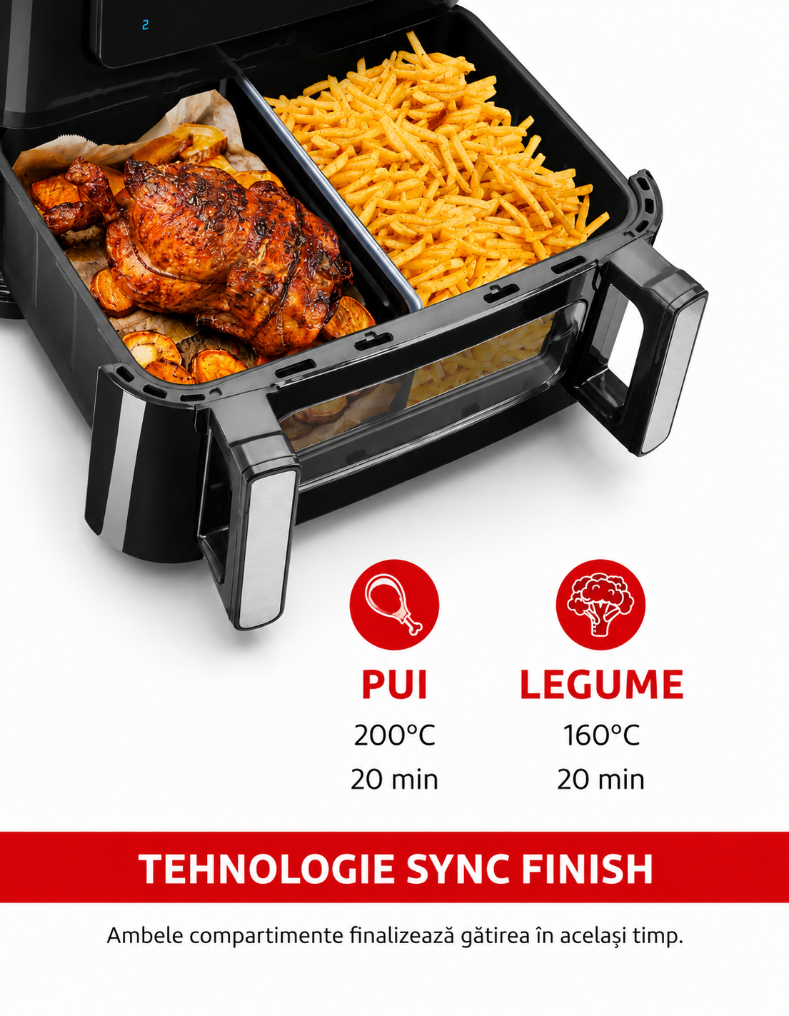 Friteuza dubla cu aer cald HAEGER SUPER COOK, 2600W, Capacitate 10L, despartitor cuve detasabil 2x5L, 10 programe, ecran tactil, Cuve detasabile lavabile, gatire fara ulei cu aer cald 360, Negru [9]