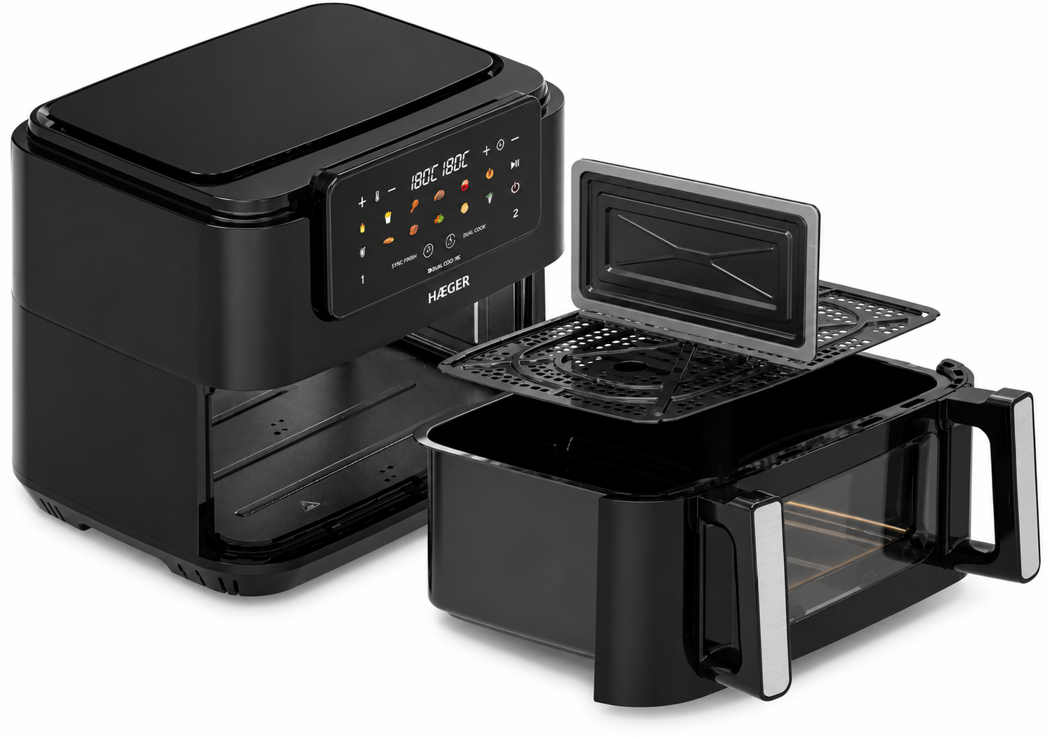 Friteuza dubla cu aer cald HAEGER SUPER COOK, 2600W, Capacitate 10L, despartitor cuve detasabil 2x5L, 10 programe, ecran tactil, Cuve detasabile lavabile, gatire fara ulei cu aer cald 360, Negru [7]