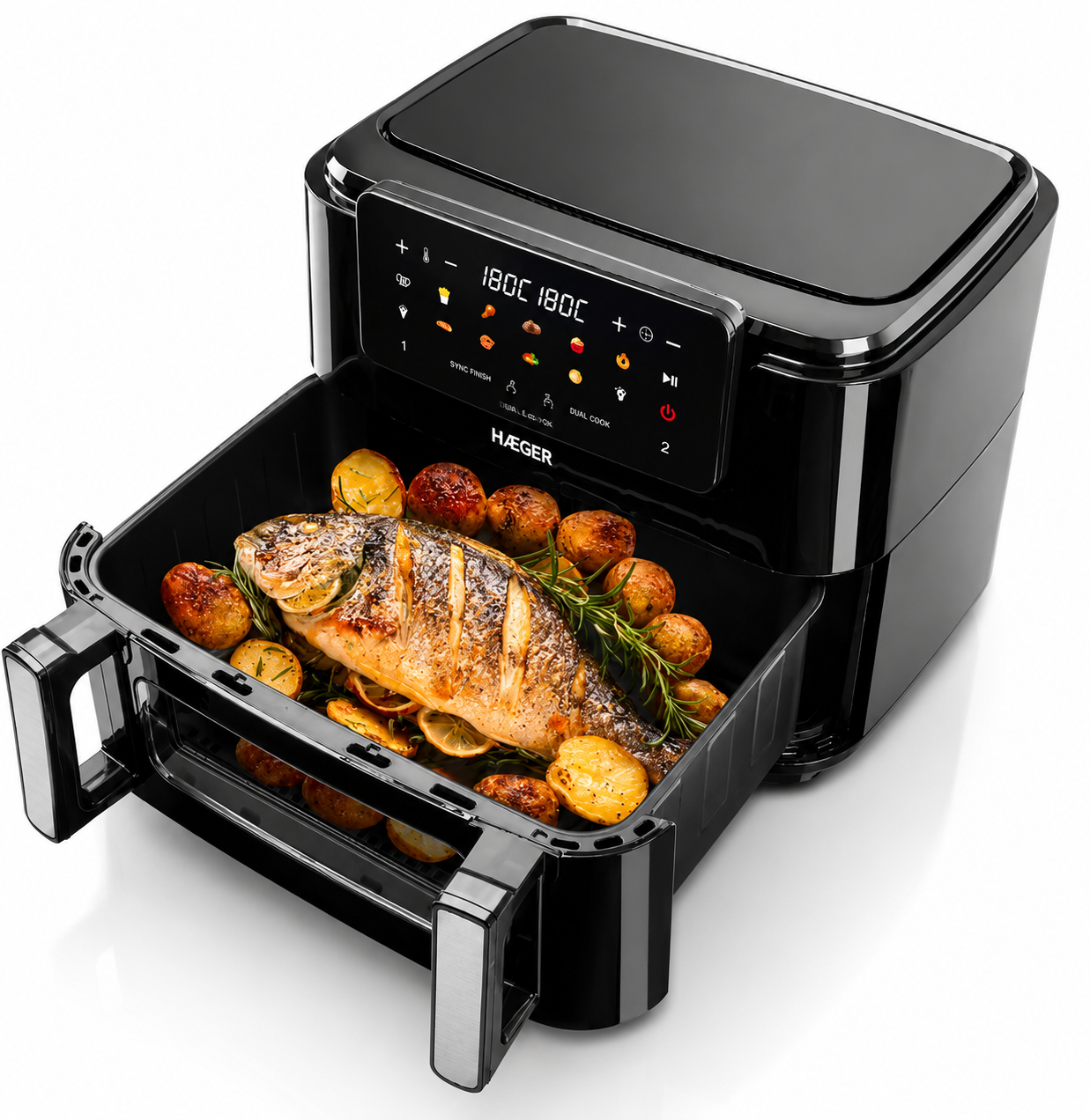 Friteuza dubla cu aer cald HAEGER SUPER COOK, 2600W, Capacitate 10L, despartitor cuve detasabil 2x5L, 10 programe, ecran tactil, Cuve detasabile lavabile, gatire fara ulei cu aer cald 360, Negru [4]