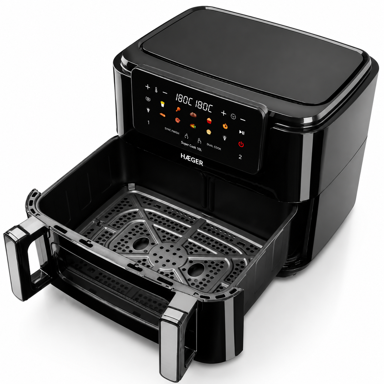 Friteuza dubla cu aer cald HAEGER SUPER COOK, 2600W, Capacitate 10L, despartitor cuve detasabil 2x5L, 10 programe, ecran tactil, Cuve detasabile lavabile, gatire fara ulei cu aer cald 360, Negru [5]