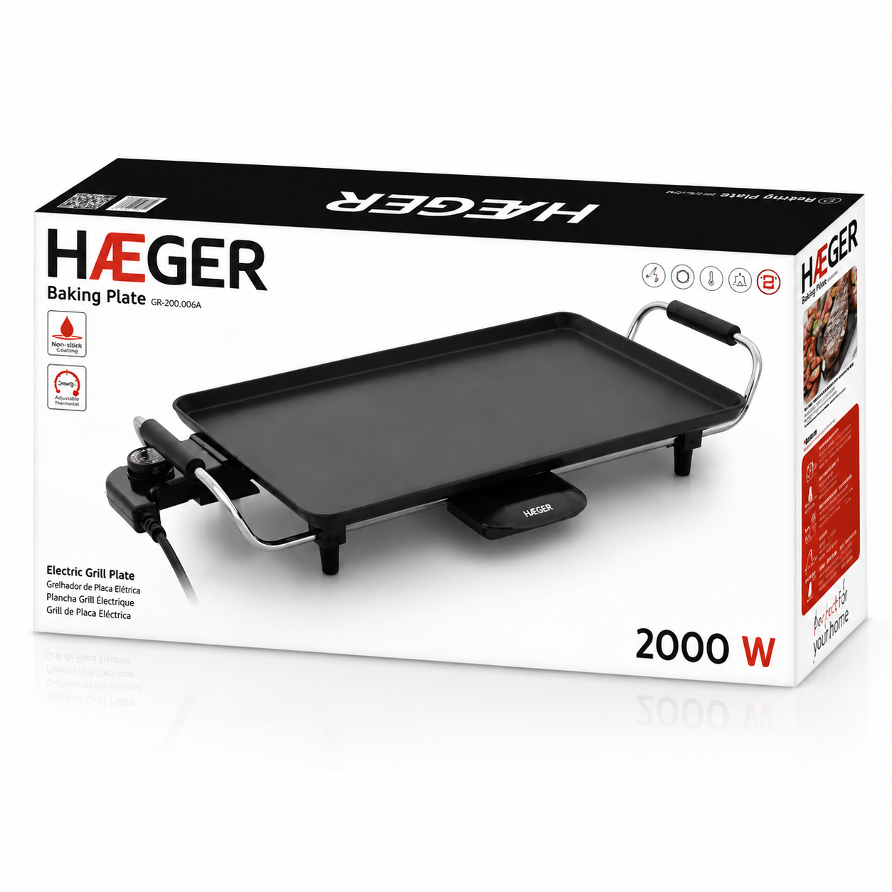 Gratar electric HAEGER BAKING PLATE, Dimensiuni 460x260mm, Putere 2000W, Termostat reglabil 5 niveluri, Placi antiaderente, Negru [2]