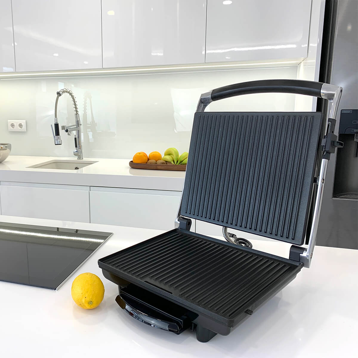 Grill electric de contact HAEGER NEW BISTRO, Putere 2000 W, 2 plite antiaderente, Corp din inox, Maner termoizolant, Temperatura reglabila, Argintiu [3]