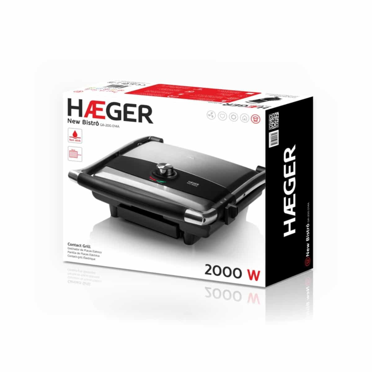Grill electric de contact HAEGER NEW BISTRO, Putere 2000 W, 2 plite antiaderente, Corp din inox, Maner termoizolant, Temperatura reglabila, Argintiu [2]