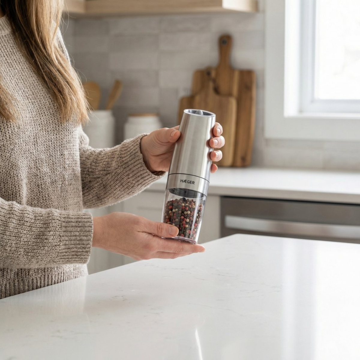 Macinator electric de condimente HAEGER SALT & PEPPER, Senzor de gravitatie, Macinis reglabil, Iluminare LED [1]