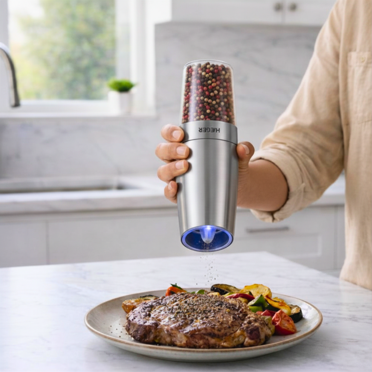 Macinator electric de condimente HAEGER SALT & PEPPER, Senzor de gravitatie, Macinis reglabil, Iluminare LED [2]