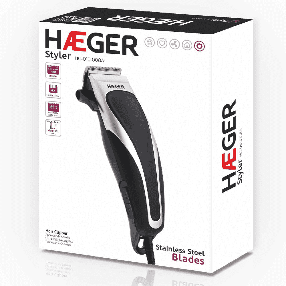 Masina de tuns HAEGER STYLER cu fir, Lame din inox, Reglaj lungime, 4 piepteni, Foarfeca, Ulei de lubrifiere si perie incluse [2]
