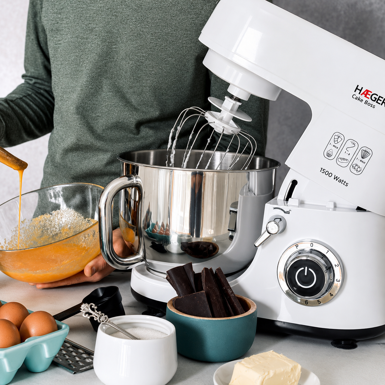 Mixer cu bol din inox HAEGER CAKE BOSS, Bol 6L, 1500W, Miscare planetara pentru amestecare uniforma, 6 viteze si functie Impuls, Alb [5]