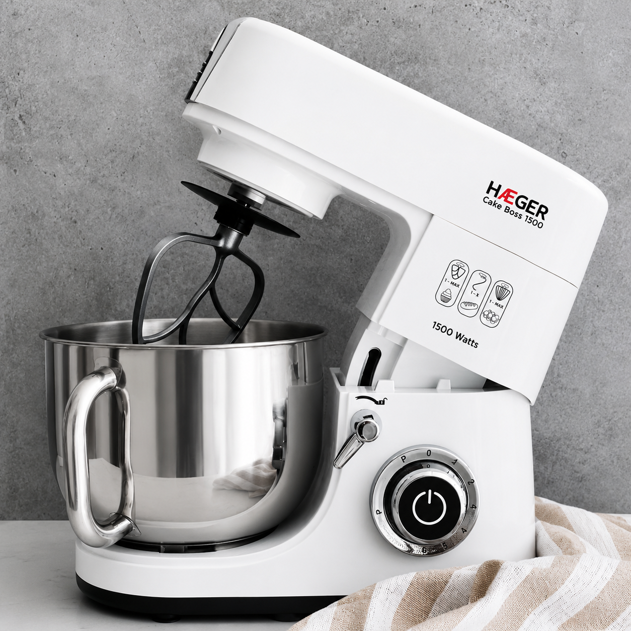 Mixer cu bol din inox HAEGER CAKE BOSS, Bol 6L, 1500W, Miscare planetara pentru amestecare uniforma, 6 viteze si functie Impuls, Alb [6]