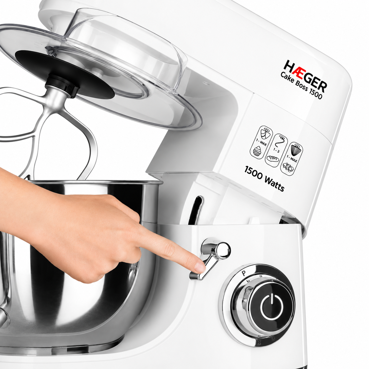 Mixer cu bol din inox HAEGER CAKE BOSS, Bol 6L, 1500W, Miscare planetara pentru amestecare uniforma, 6 viteze si functie Impuls, Alb [7]