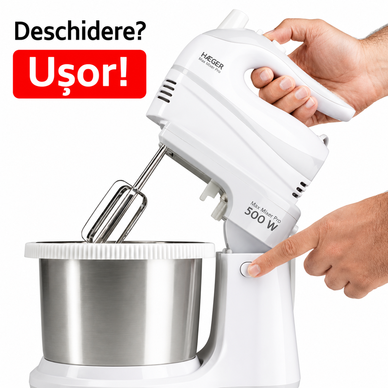Mixer cu bol din inox HAEGER MAX MIXER PRO, Bol rotativ 3L, Putere 500W, Bol auto-rotativ pentru amestecare uniforma, 5 viteze si functie Turbo, Alb [4]