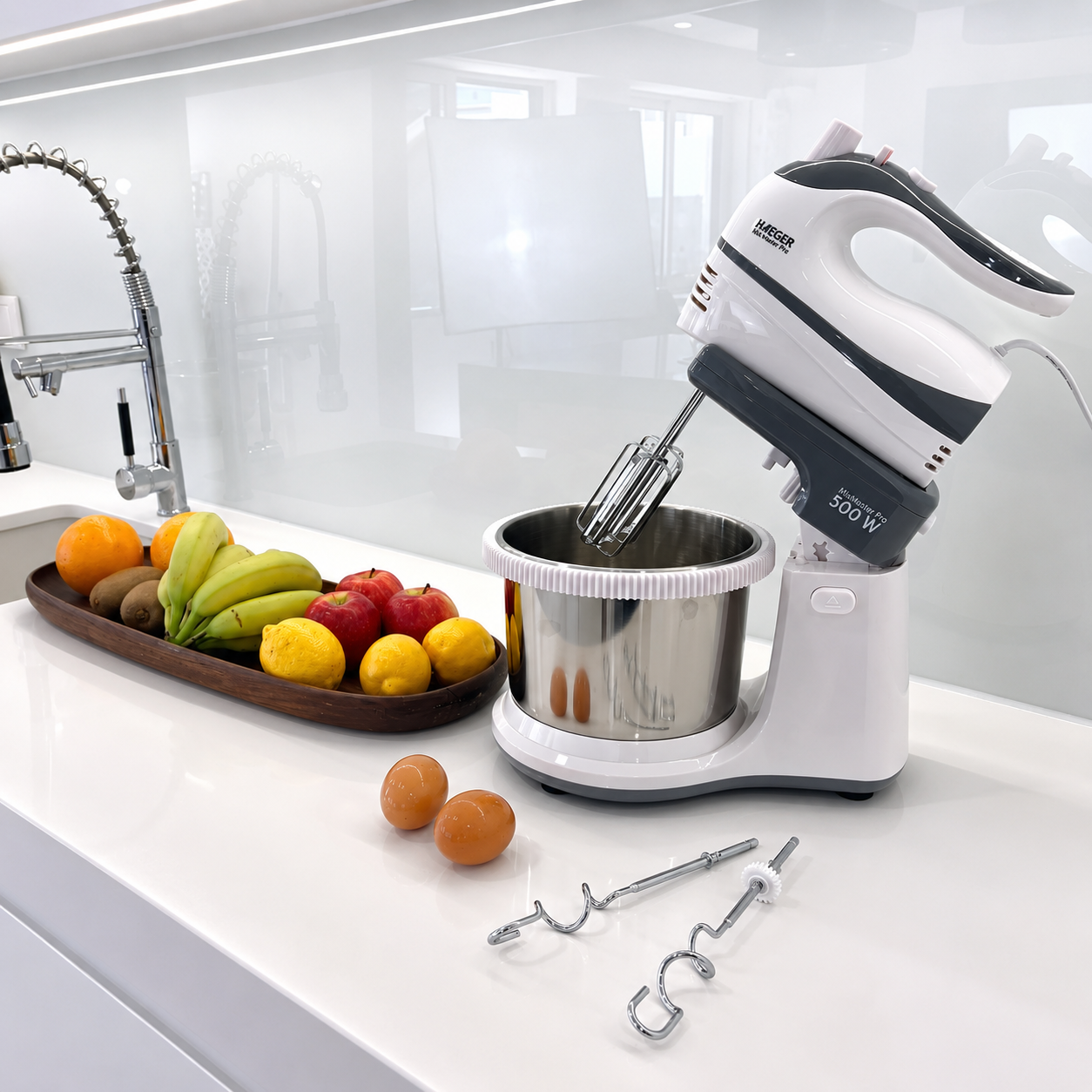 Mixer cu bol din inox HAEGER MAX MIXER PRO, Bol rotativ 3L, Putere 500W, Bol auto-rotativ pentru amestecare uniforma, 5 viteze si functie Turbo, Alb [7]