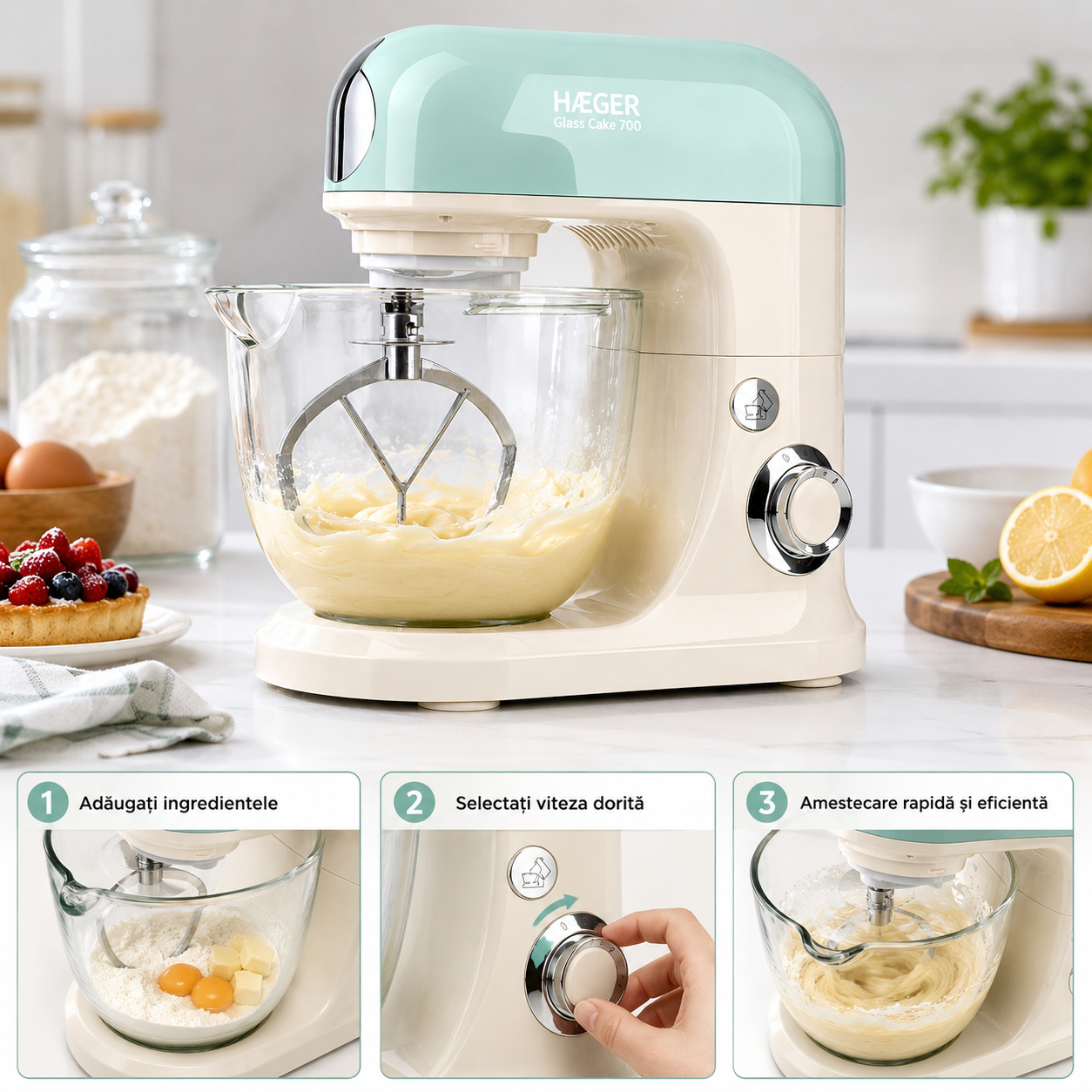 Mixer cu bol din sticla HAEGER GLASS CAKE 700, Bol 5L, Putere 700W, Miscare planetara pentru rezultate uniforme, Cap rabatabil si baza antiderapanta, Alb [2]