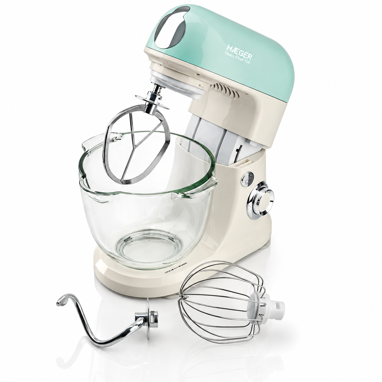 Mixer cu bol din sticla HAEGER GLASS CAKE 700, Bol 5L, Putere 700W, Miscare planetara pentru rezultate uniforme, Cap rabatabil si baza antiderapanta, Alb [3]