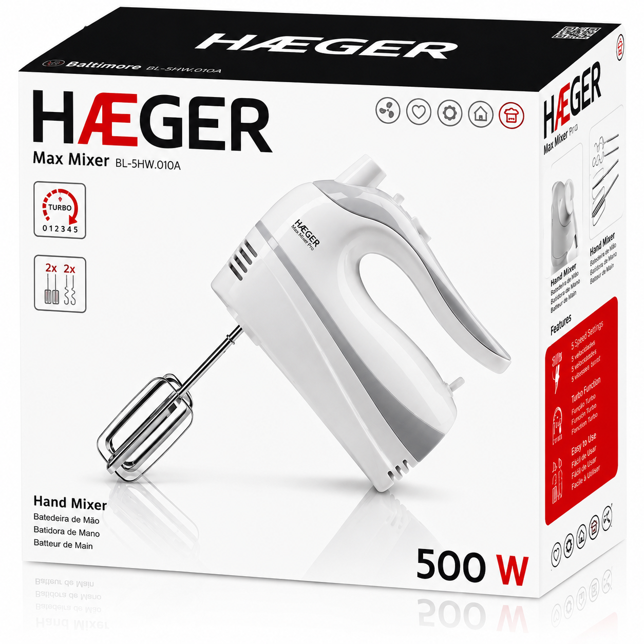 Mixer de mana HAEGER MAX MIXER, Set tije amestecare si framantare, Putere 500W, 5 viteze si functie Turbo, Buton ejectare rapida tije, Alb [3]