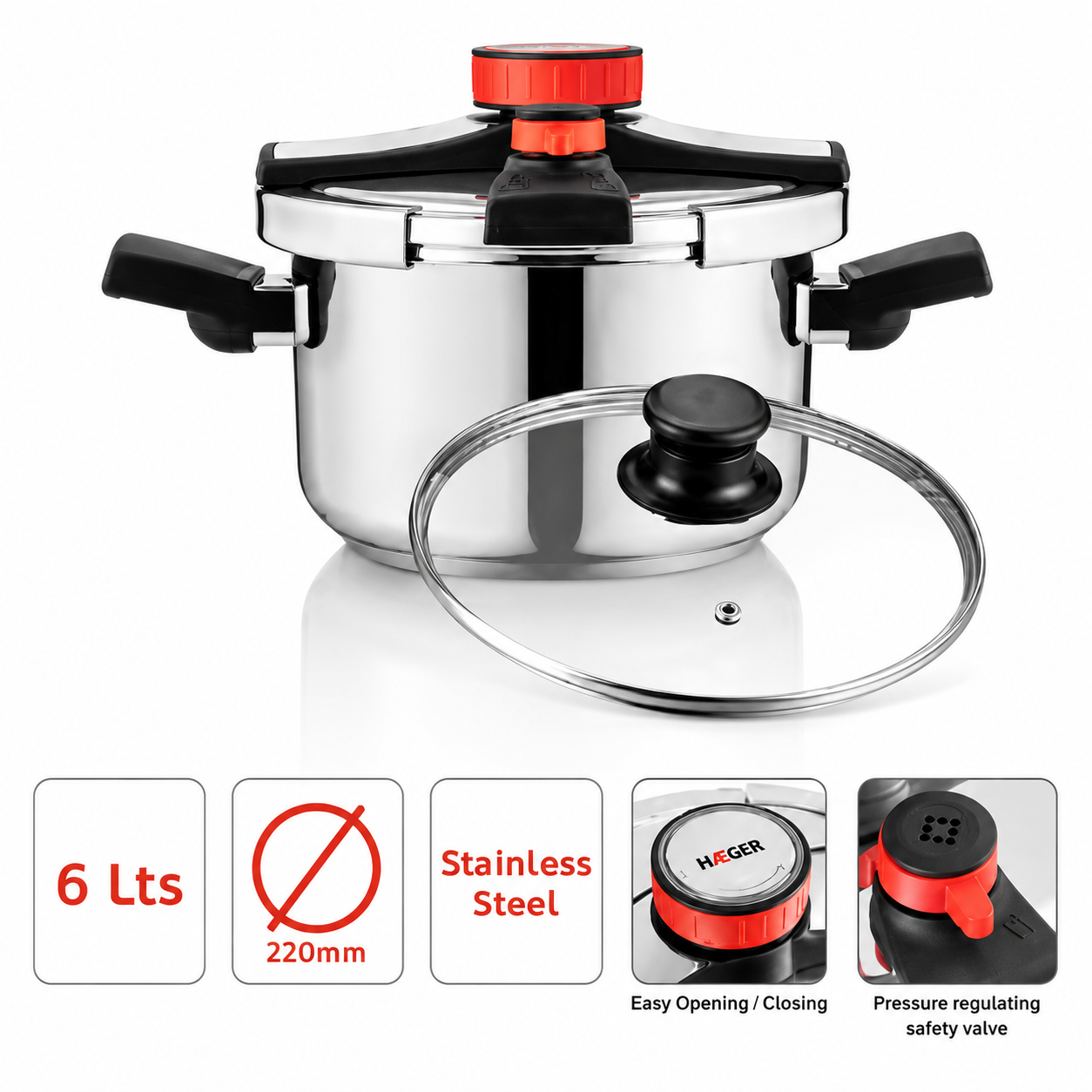 Oala sub presiune 2in1 HAEGER EASY COOKER 2 IN 1, 22 cm, Capacitate 6L, Corp din inox, 3 sisteme de siguranta, Compatibila cu toate tipurile de plite, otel inoxidabil, Argintiu [3]