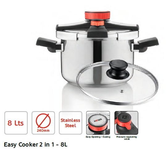 Oala sub presiune 2in1 HAEGER EASY COOKER 2 IN 1, 24 cm, Capacitate 8L, Corp din inox, 3 sisteme de siguranta, Compatibila cu toate tipurile de plite, otel inoxidabil, Argintiu [1]