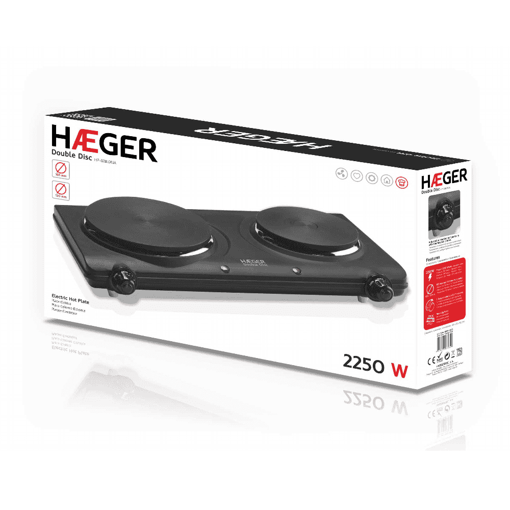 Plita electrica dubla HAEGER DOUBLE DISC, Putere 2250 W, Diametre 165 si 130 mm, Oprire automata de siguranta cu siguranta termica, Negru [3]