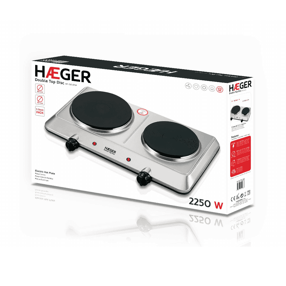 Plita electrica dubla HAEGER DOUBLE TOP DISC, Putere 2250 W, Diametre 180 si 150 mm, Corp din inox, Oprire automata de siguranta, Inox [2]
