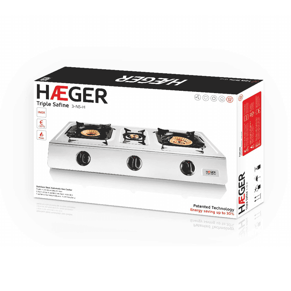 Plita pe gaz portabila HAEGER TRIPLE SAFINE, 3 arzatoare din bronz 110/90/40 mm, Corp din inox, Aprindere piezo automata, Economie energie 30%, Inox [2]