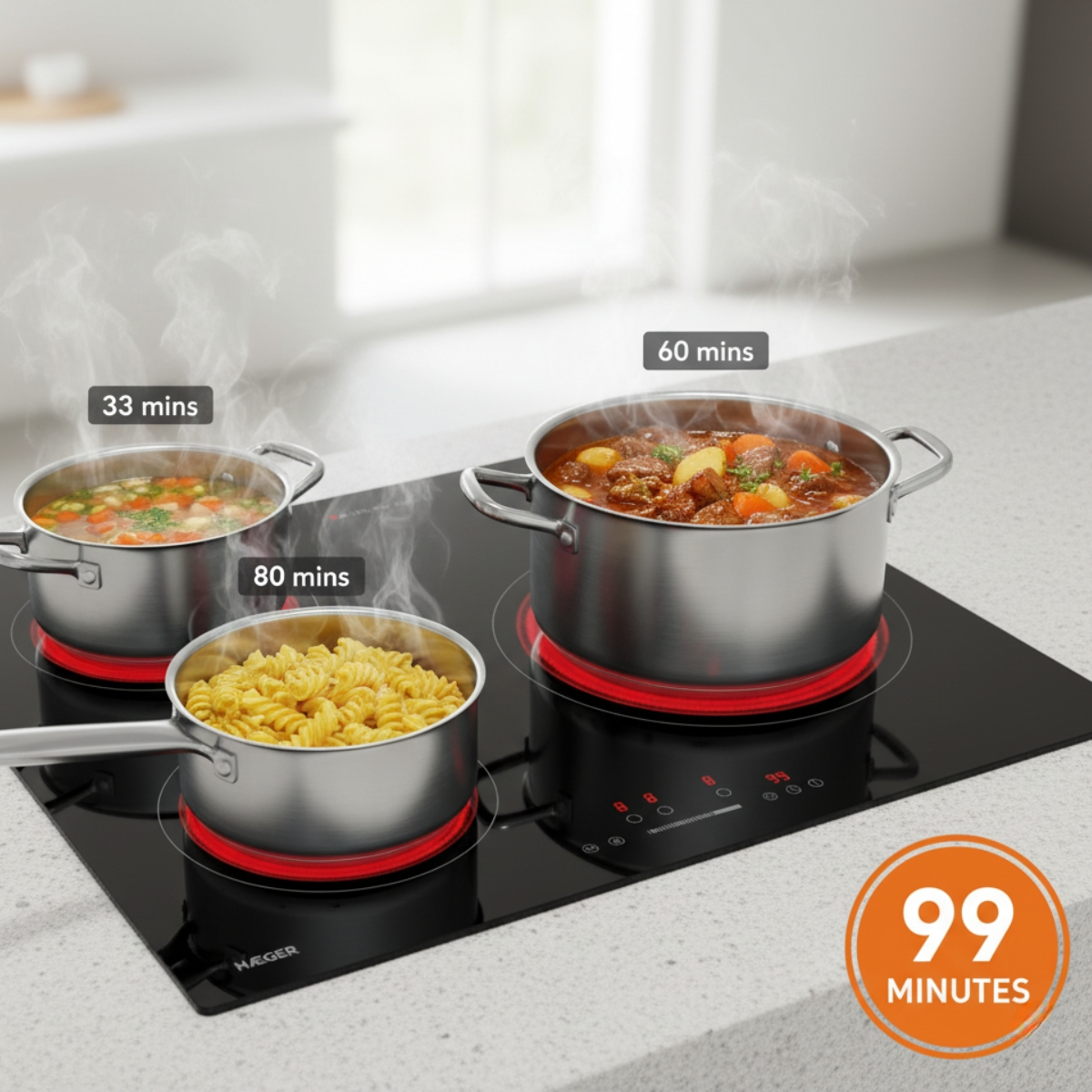 Plita vitroceramica incorporabila HAEGER VITRO HEAT 5700, 3 zone de gatit, Putere 5700 W, Comenzi tactile, Functie Stop & Go, Latime 60 cm [4]