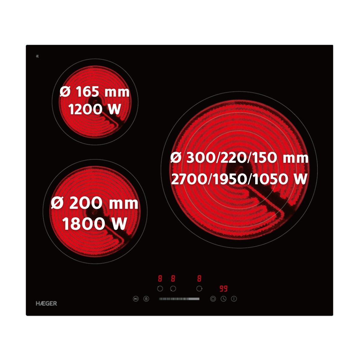 Plita vitroceramica incorporabila HAEGER VITRO HEAT 5700, 3 zone de gatit, Putere 5700 W, Comenzi tactile, Functie Stop & Go, Latime 60 cm [2]