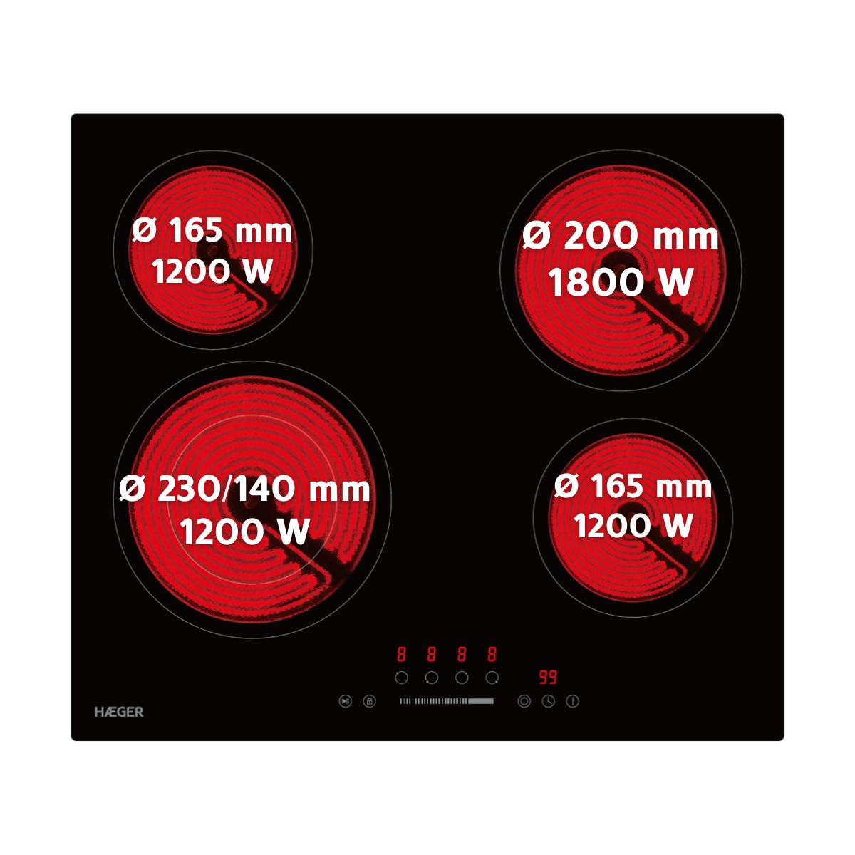 Plita vitroceramica incorporabila HAEGER VITRO HEAT 6400, 4 zone, Putere 6400 W, 9 trepte de putere, Comenzi tactile, Stop & Go, 60 cm [4]