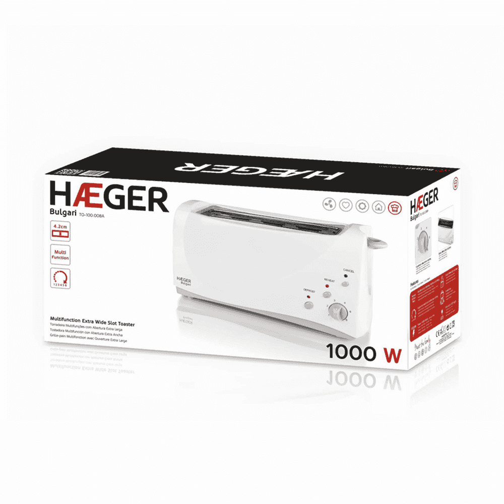 Prajitor de paine HAEGER BULGARI multifunctional, Putere 1000 W, 2 felii, Fanta extra-lata, 6 nivele de rumenire, Reincalzire, Decongelare [1]