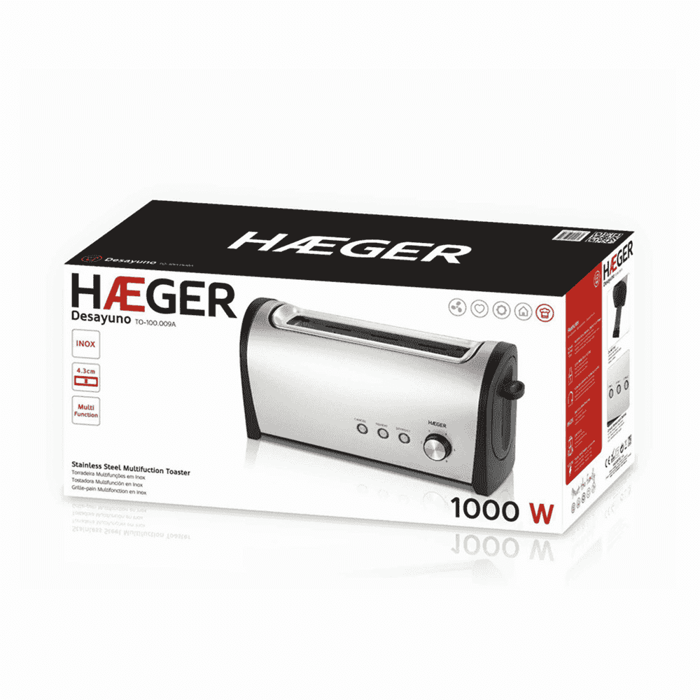 Prajitor de paine HAEGER DESAYUNO multifunctional, Putere 1000 W, 2 felii, Fanta extra-lunga, 6 nivele de rumenire, Carcasa din inox, Inox [1]