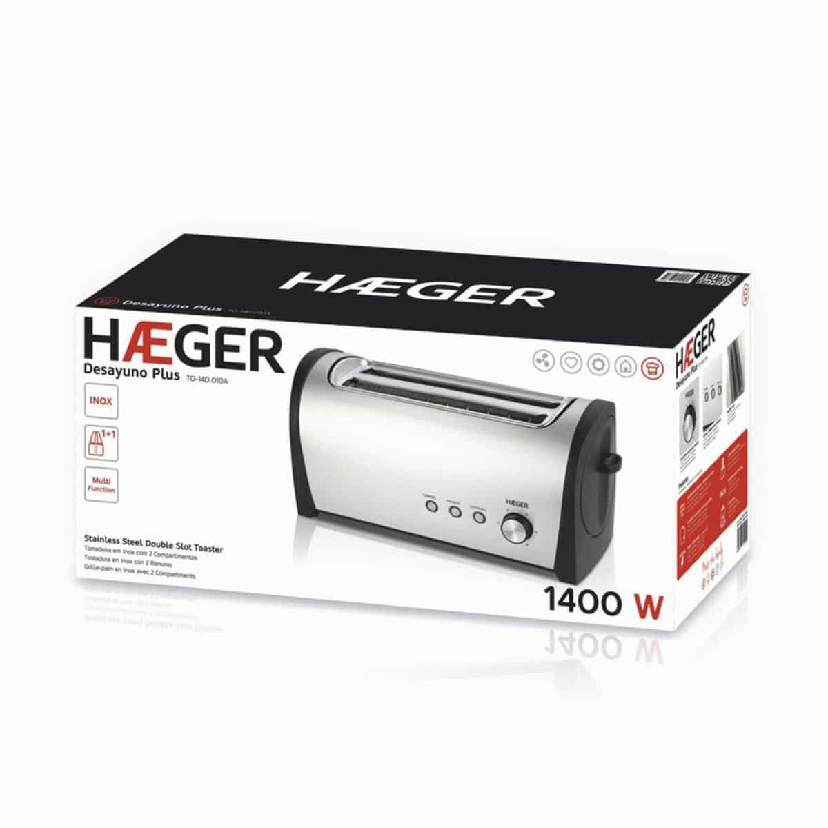 Prajitor de paine HAEGER DESAYUNO PLUS multifunctional, Putere 1400 W, 2 fante lungi, 6 nivele de rumenire, Carcasa din inox, Inox [1]