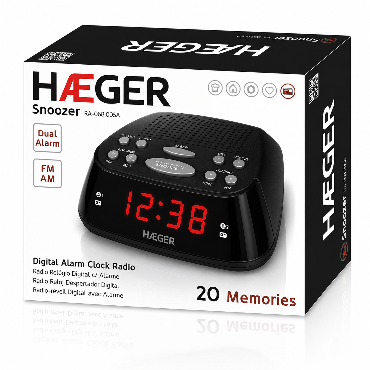 Radio cu ceas si alarma HAEGER SNOOZER, 20 posturi memorate (10 FM/10 AM), Afisaj LED, Alarma dubla cu functie Snooze, Functie Sleep temporizator, Negru [1]