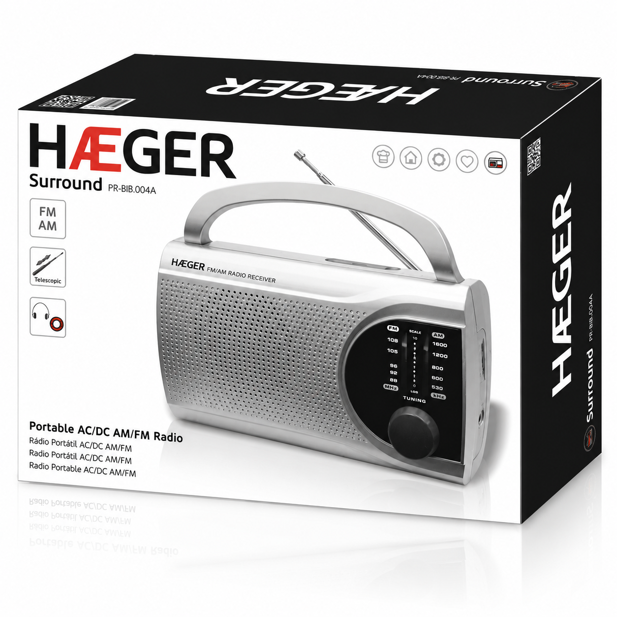 Radio portabil HAEGER SURROUND, Tuner AM/FM cu antena telescopica, Alimentare retea sau baterii, Mufa pentru casti, Maner de transport cu indicator LED, Argintiu [2]