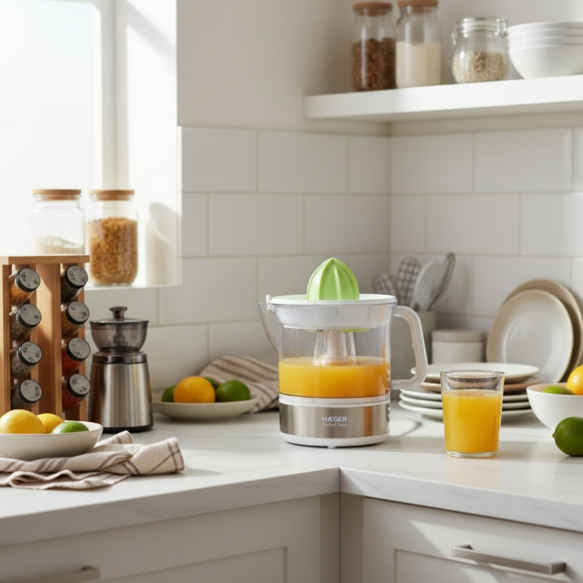 Storcator de citrice HAEGER PERFECT JUICE, Capacitate 0,7 L, Rotatie bidirectionala, Filtru de pulpa reglabil, 2 conuri, Alb [3]