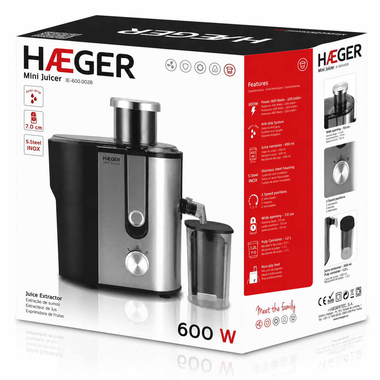 Storcator de fructe si legume HAEGER MINI JUICER, Rezervor pulpa 1.3L, Rezervor suc 450 ml, 2 trepte de viteza, Putere 600W, Sistem anti-picurare, Corp inox usor de dezasamblat, Argintiu [2]