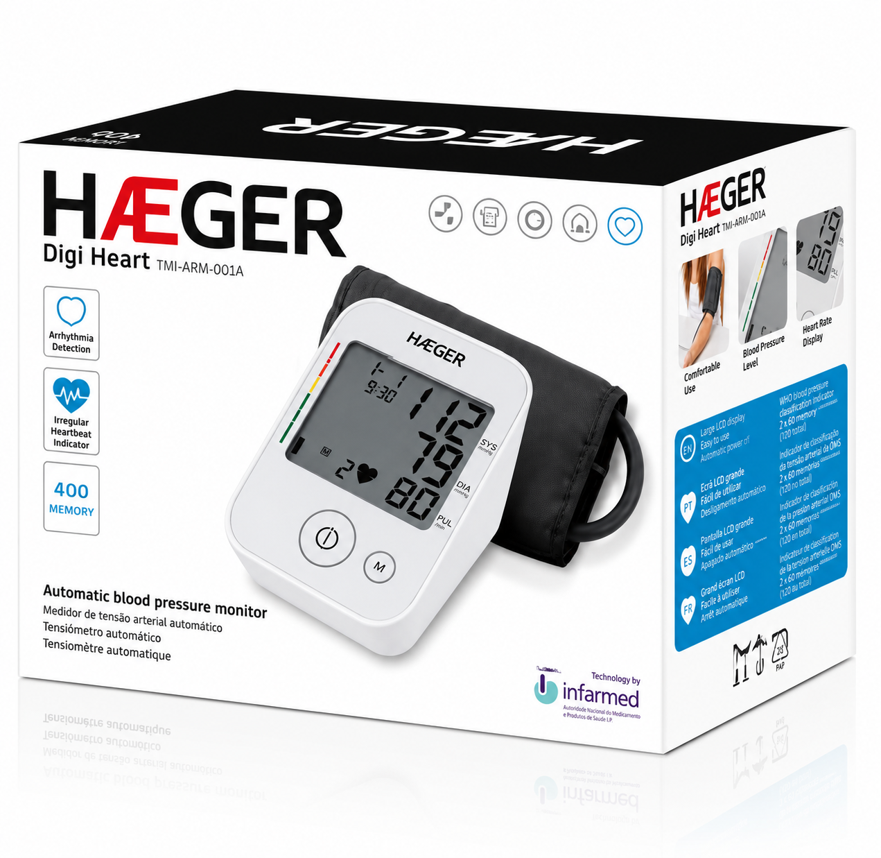 Tensiometru de brat HAEGER DIGI HEART, 60 de memorii, Detectare aritmie cardiaca, Masurare oscilometrica precisa, Indicator OMS nivel tensiune, Alb [4]