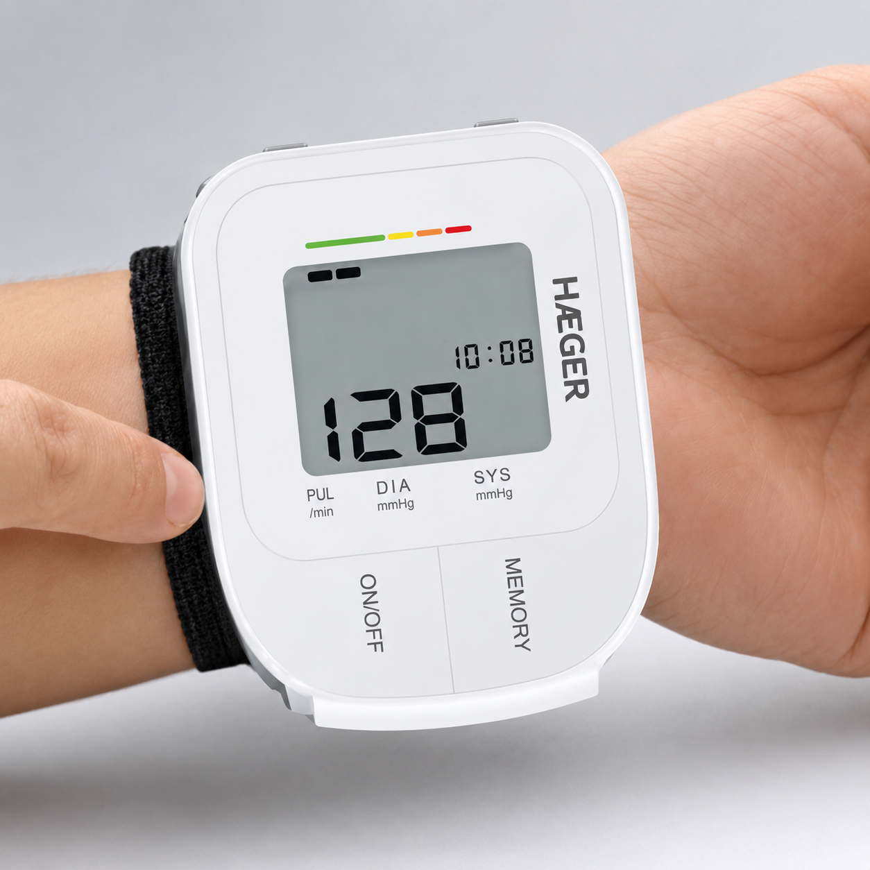 Tensiometru de incheietura mainii HAEGER WRIST HEART, 60 de memorii, Manseta 14-19.5cm, Detectare automata aritmie cardiaca, Afisaj data si ora, Alb [1]