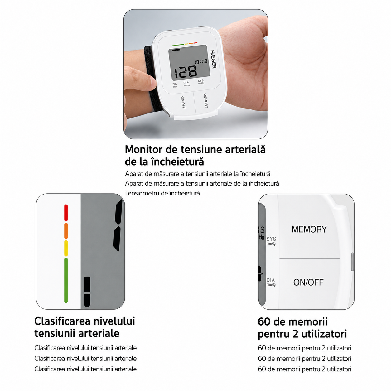 Tensiometru de incheietura mainii HAEGER WRIST HEART, 60 de memorii, Manseta 14-19.5cm, Detectare automata aritmie cardiaca, Afisaj data si ora, Alb [2]