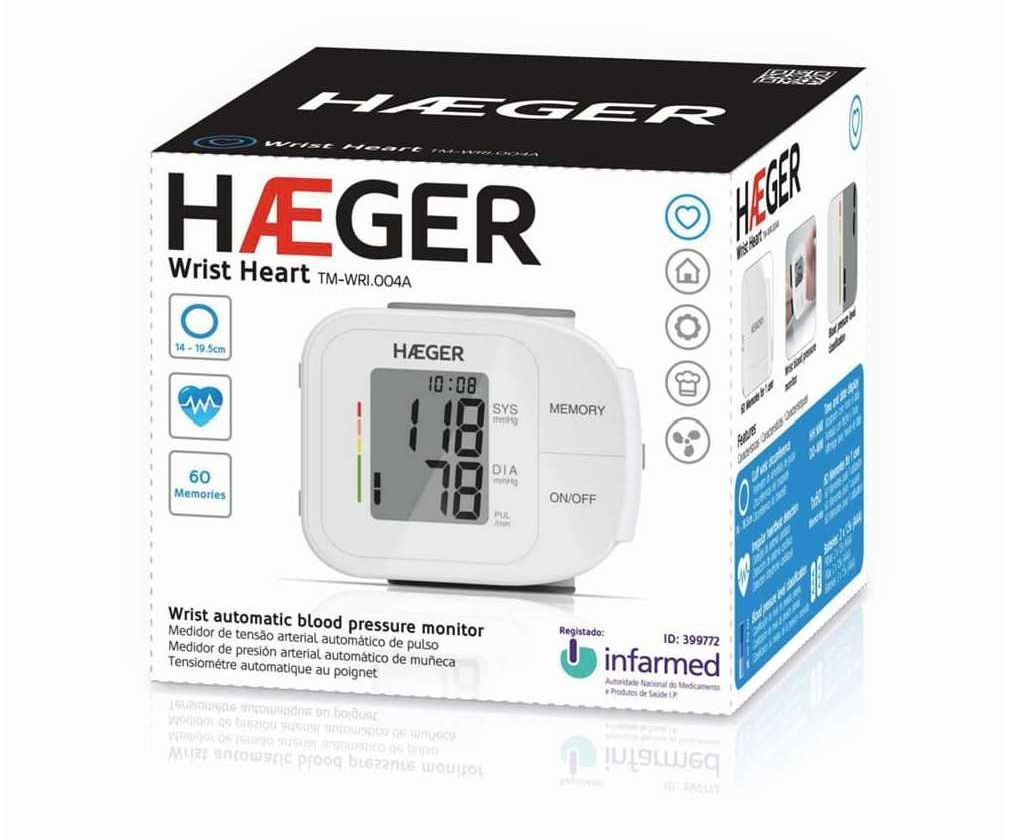 Tensiometru de incheietura mainii HAEGER WRIST HEART, 60 de memorii, Manseta 14-19.5cm, Detectare automata aritmie cardiaca, Afisaj data si ora, Alb [6]